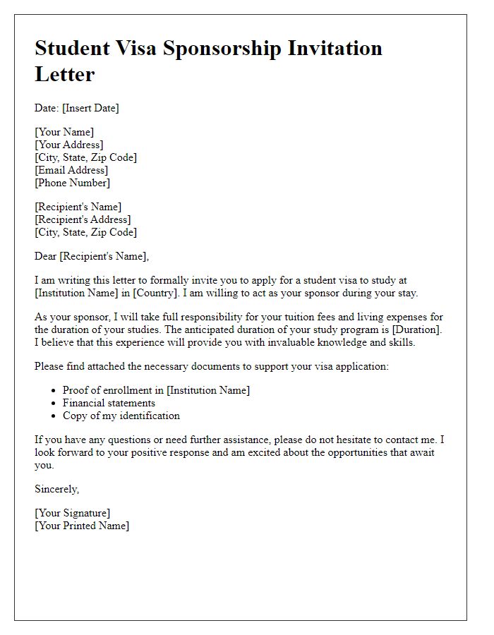 Letter template of student visa sponsorship invitation