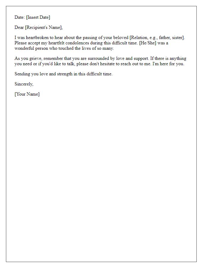 Letter template of condolence message for a family member