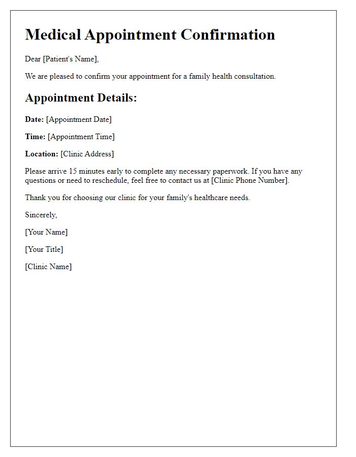 Letter template of medical appointment scheduling for family health consultations.