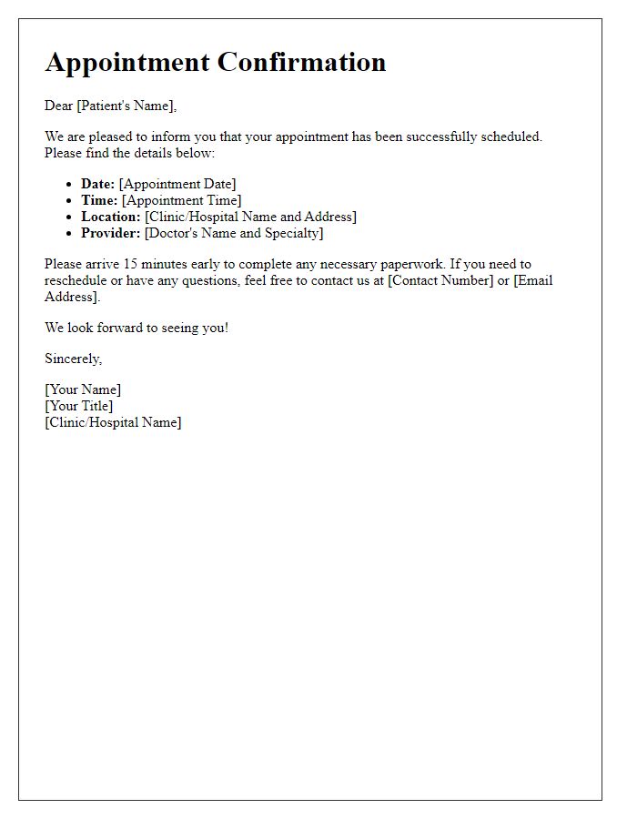 Letter template of medical appointment scheduling for a new patient.