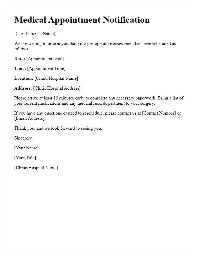 Letter template of medical appointment scheduling for pre-operative assessment.