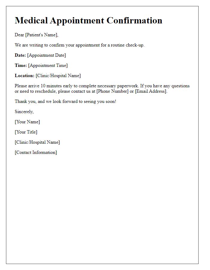 Letter template of medical appointment scheduling for a routine check-up.