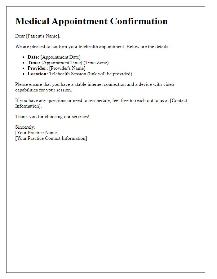 Letter template of medical appointment scheduling for a telehealth session.