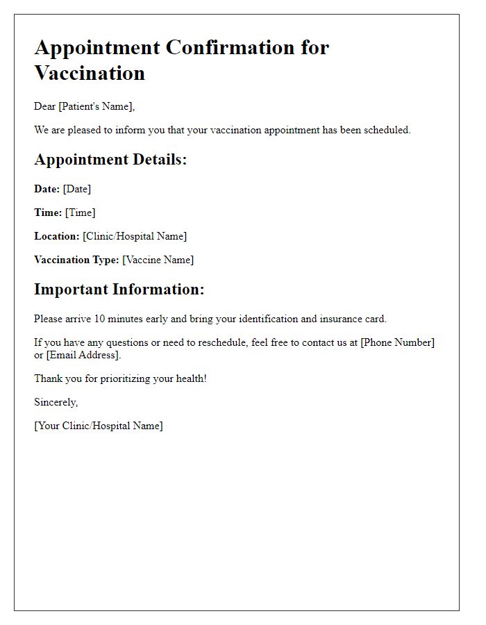 Letter template of medical appointment scheduling for vaccinations.