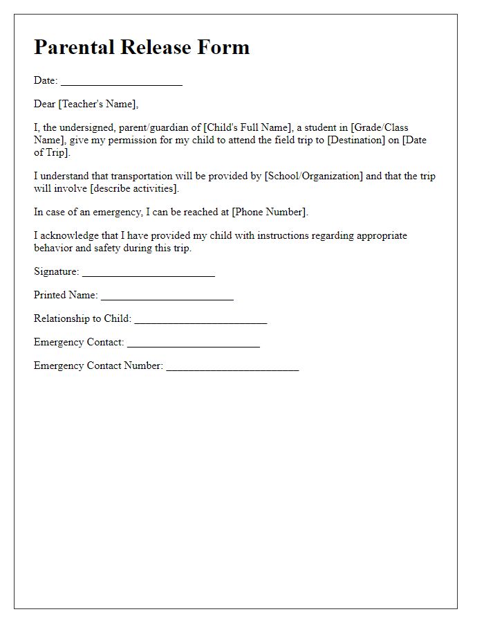 Letter template of parental release for field trip activities.