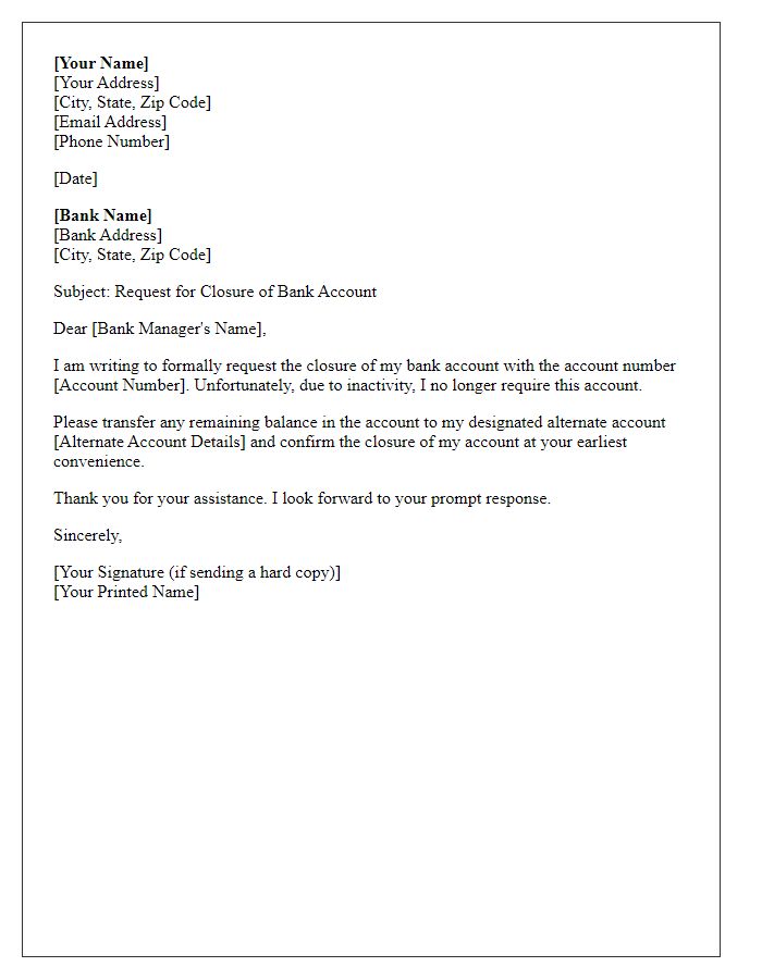 Letter template of bank account closure request after account inactivity.