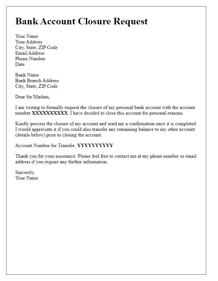 Letter template of bank account closure request for personal account.