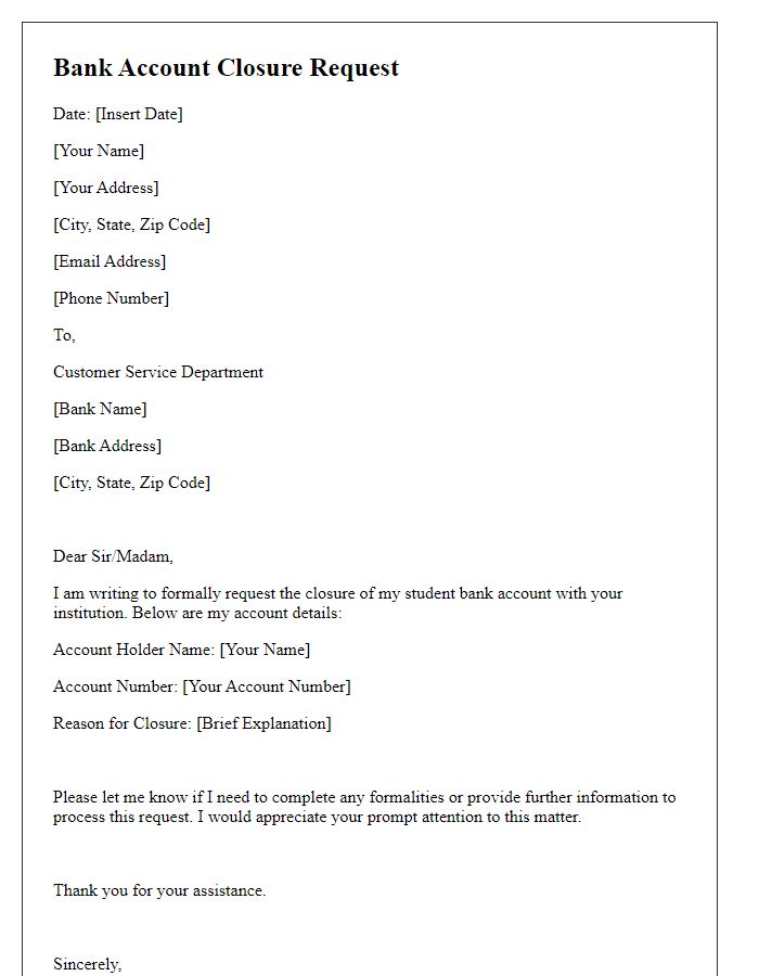 Letter template of bank account closure request for a student account.