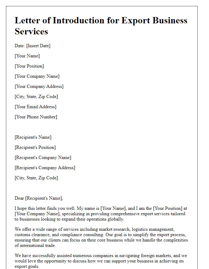 Letter template of introduction for export business services.