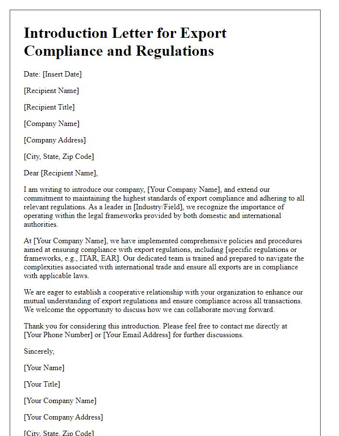 Letter template of introduction for export compliance and regulations.