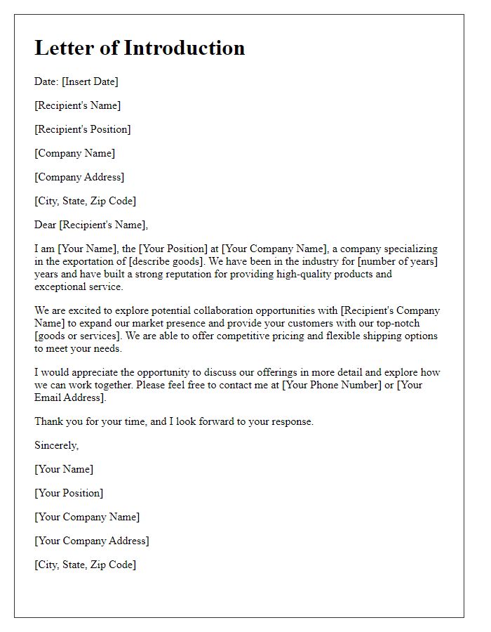 Letter template of introduction for exporting goods.