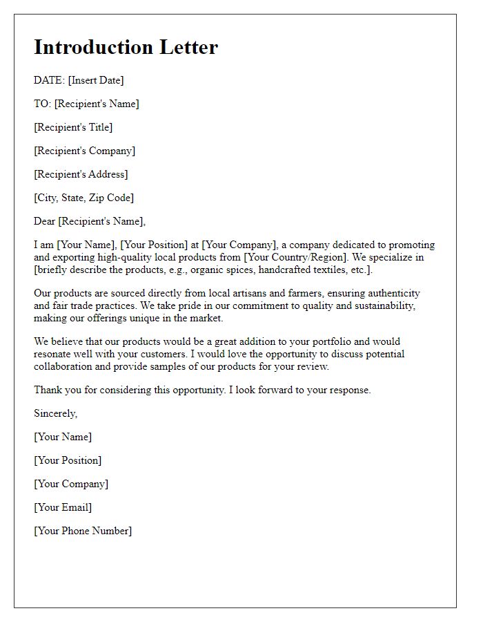 Letter template of introduction for exporting local products.