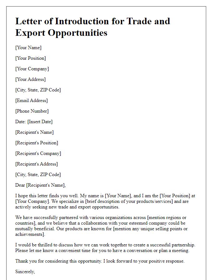 Letter template of introduction for trade and export opportunities.