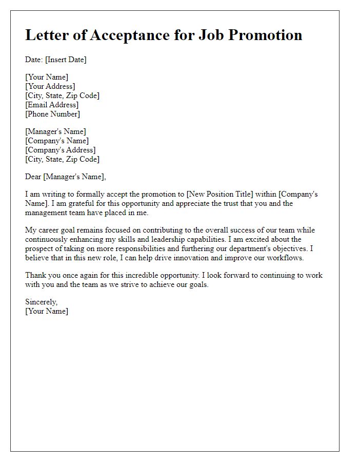 Letter template of job promotion acceptance stating career goals.