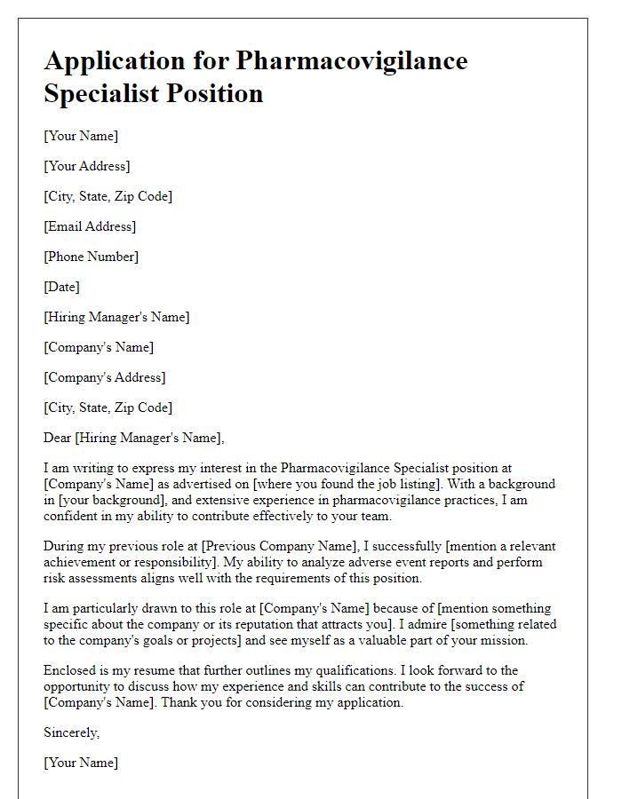 Letter template of an application letter for a pharmacovigilance specialist