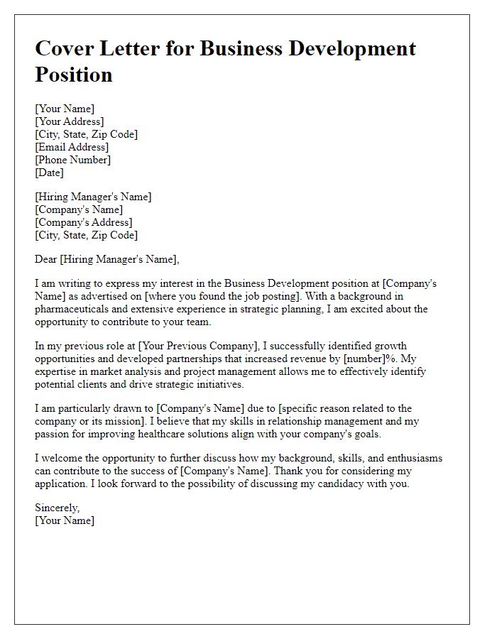 Letter template of a cover letter for a business development position in pharmaceuticals