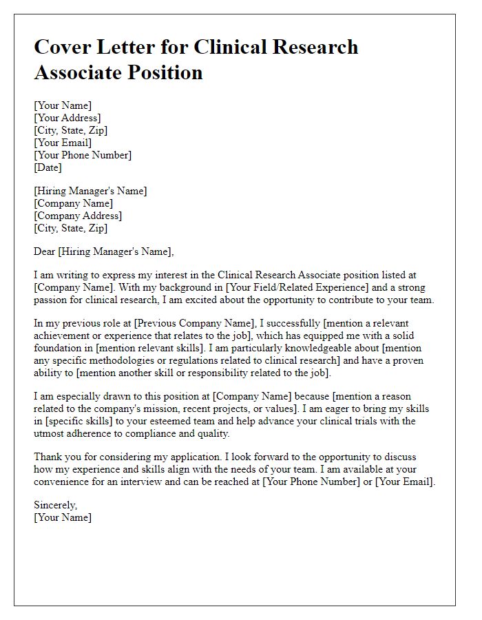 Letter template of a cover letter for clinical research associate positions