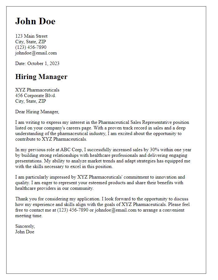 Letter template of a cover letter for a pharmaceutical sales position