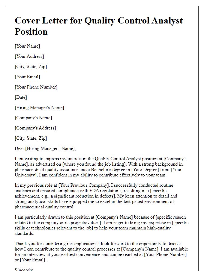 Letter template of a cover letter for a quality control analyst in pharmaceuticals