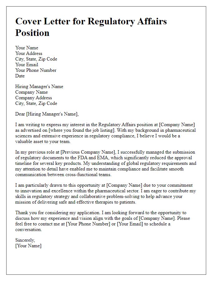 Letter template of a cover letter for regulatory affairs in the pharmaceutical sector