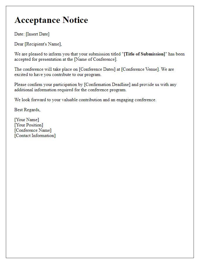 Letter template of acceptance notice for conference involvement