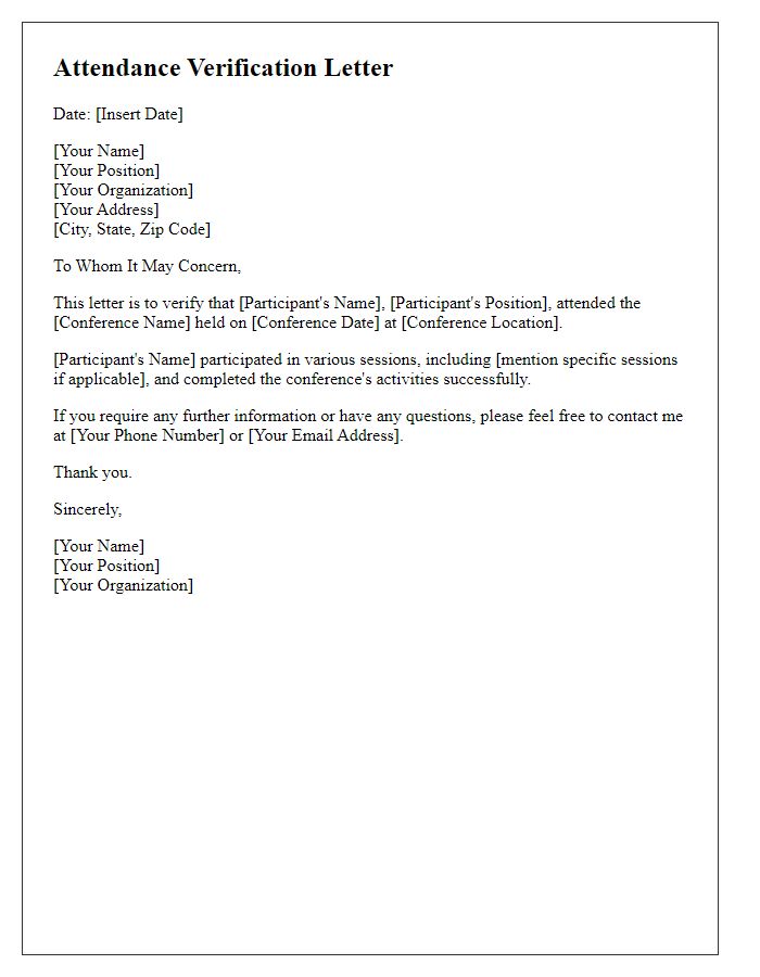 Letter template of attendance verification for professional conference