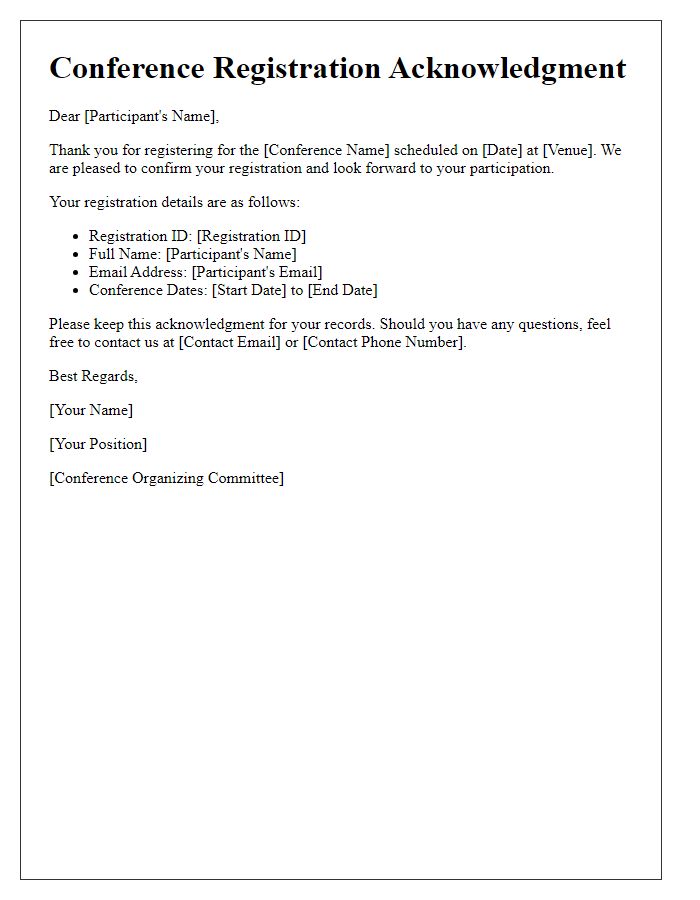 Letter template of registration acknowledgment for conference event