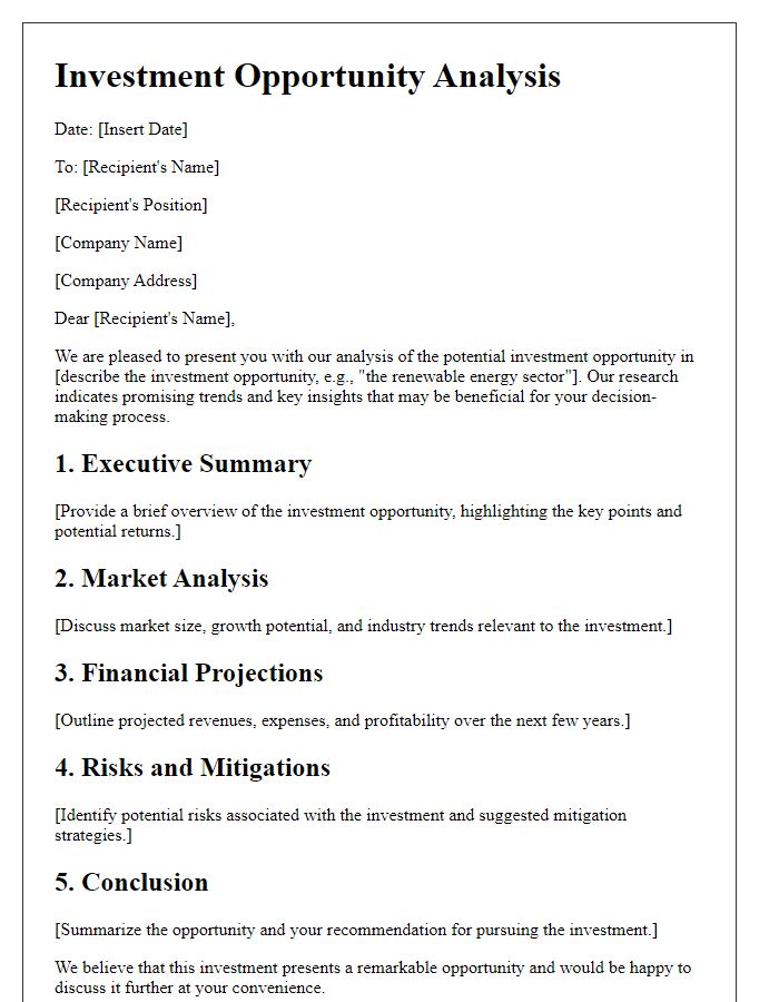 Letter template of investment opportunity analysis.