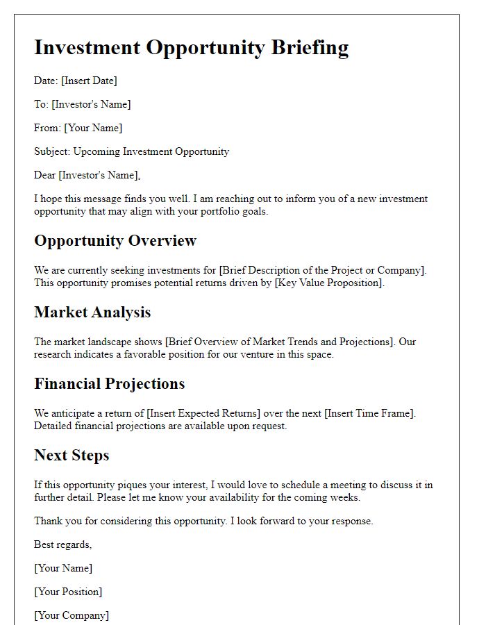 Letter template of investment opportunity briefing.