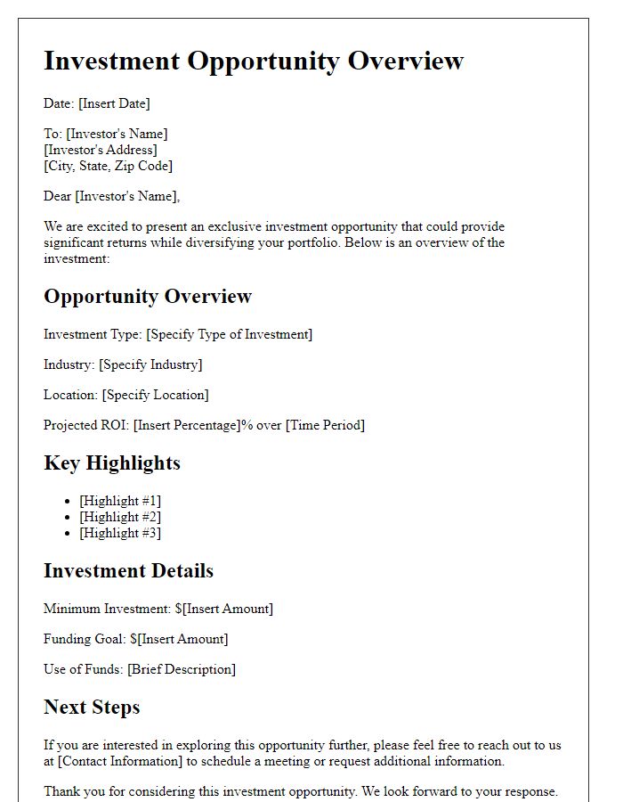 Letter template of investment opportunity overview.