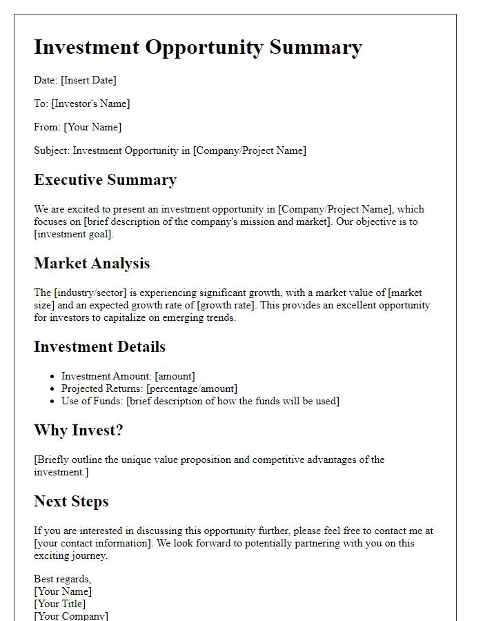 Letter template of investment opportunity summary.