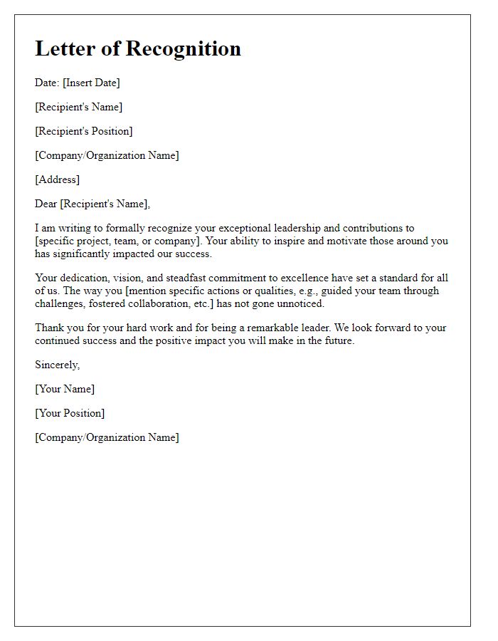 Letter template of recognition for exceptional leadership