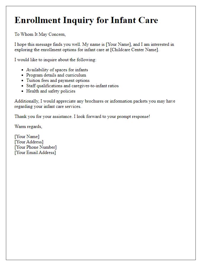 Letter template of enrollment inquiry for infant care