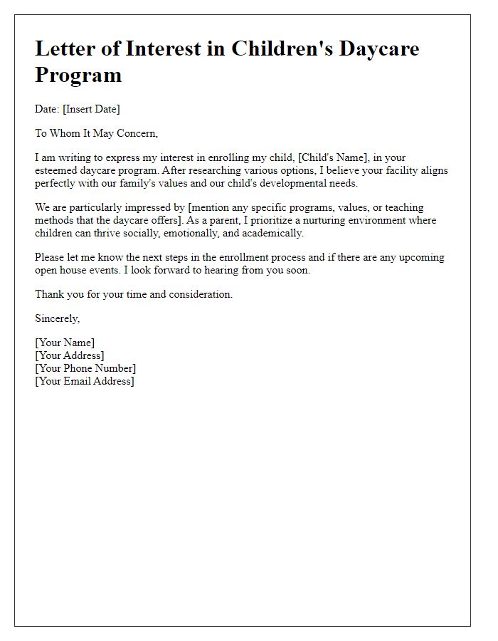 Letter template of interest in children's daycare program