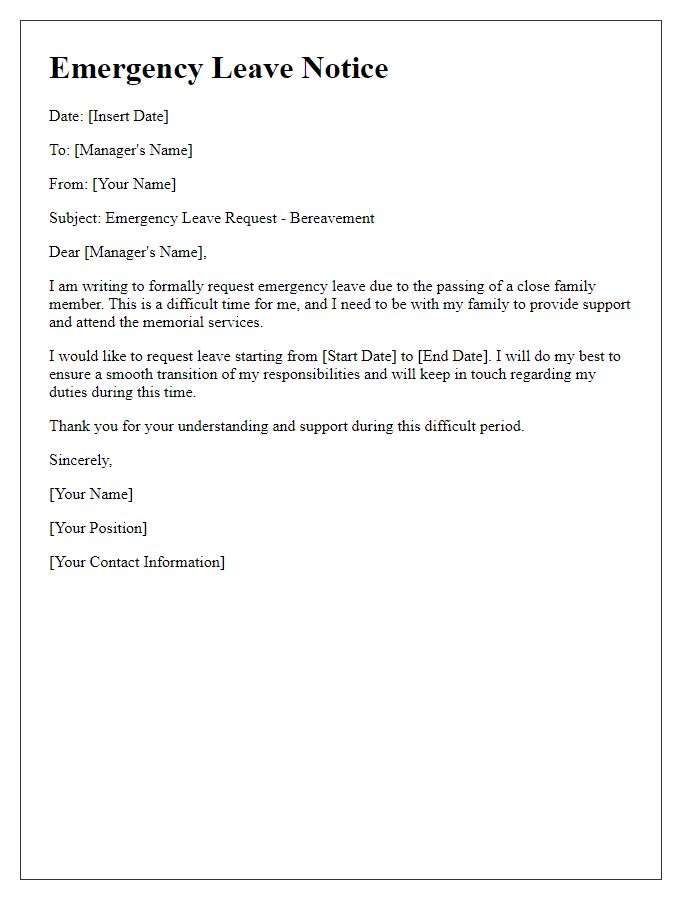 Letter template of emergency leave notice for bereavement