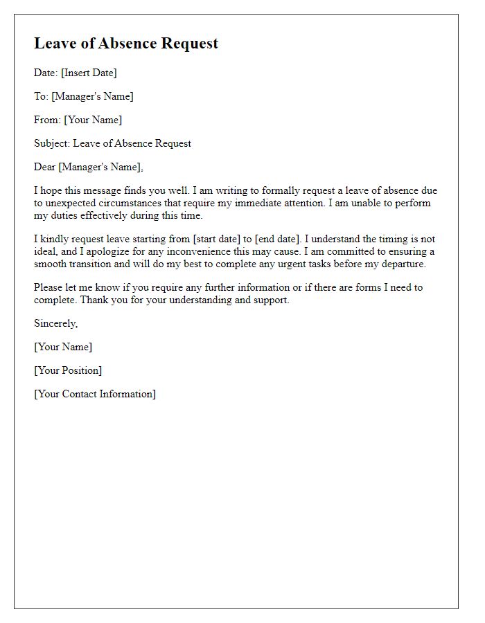 Letter template of leave of absence for unexpected circumstances