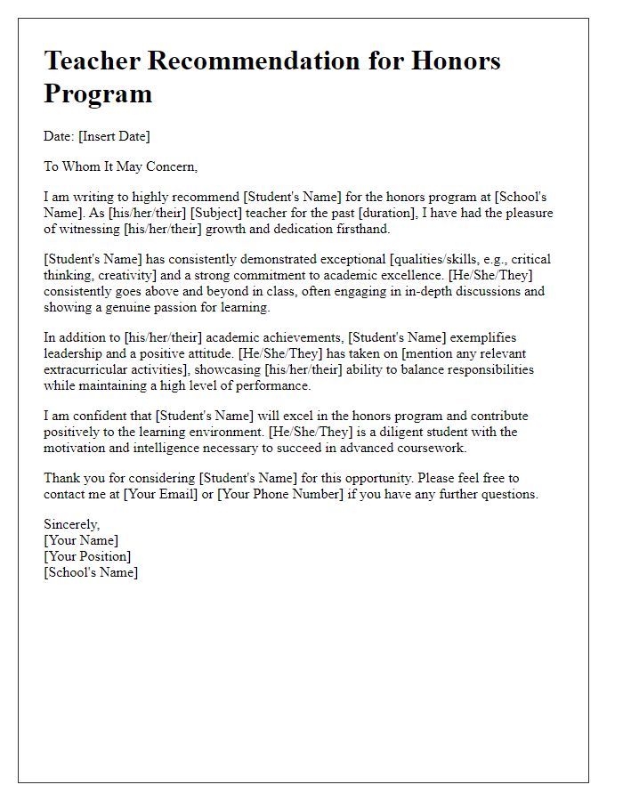 Letter template of teacher recommendation for honors program.