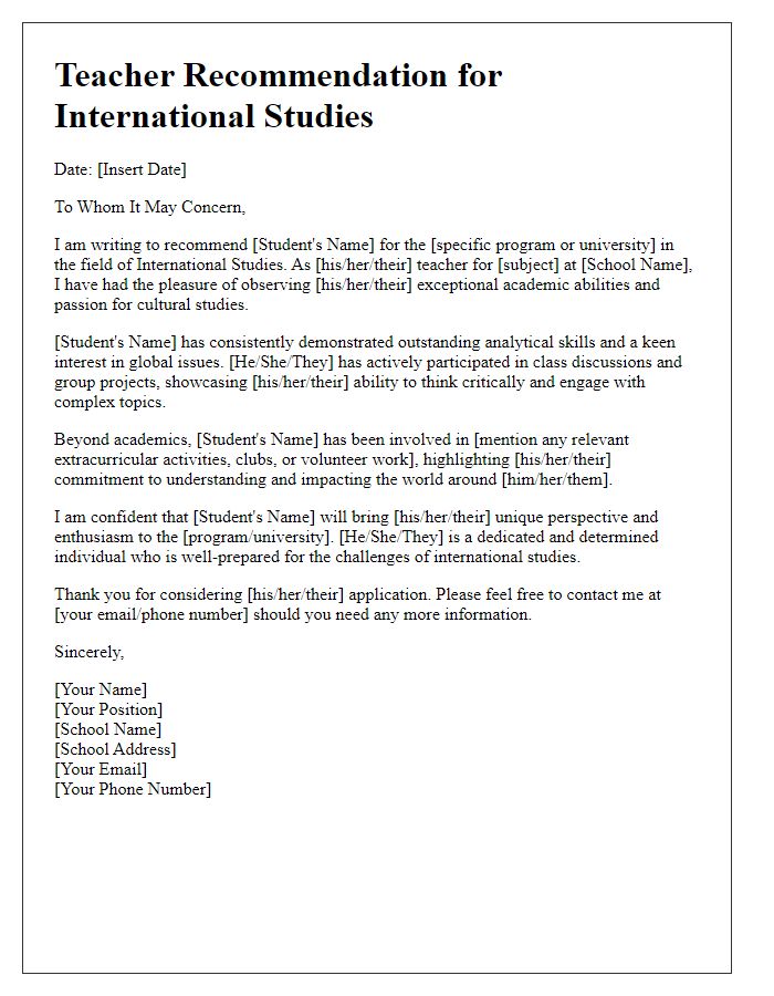 Letter template of teacher recommendation for international studies.