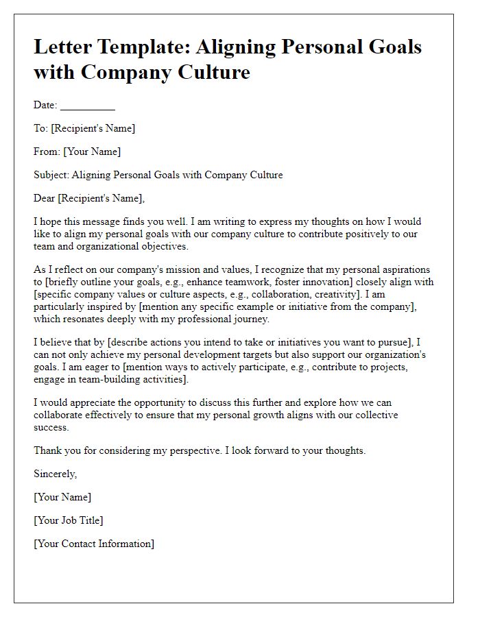 Letter template of Aligning Personal Goals with Company Culture