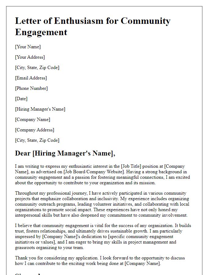 Letter template of Enthusiasm for Community Engagement in Job Application