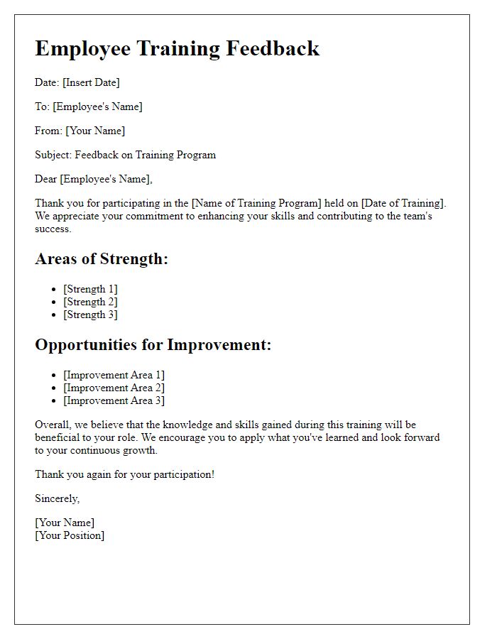 Letter template of employee training feedback.