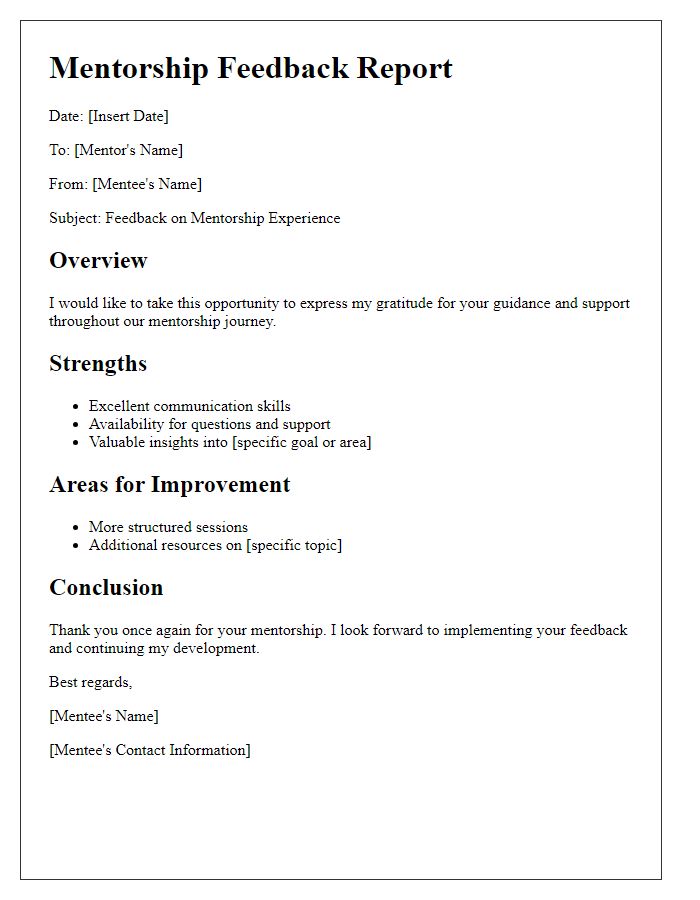 Letter template of mentorship feedback report.