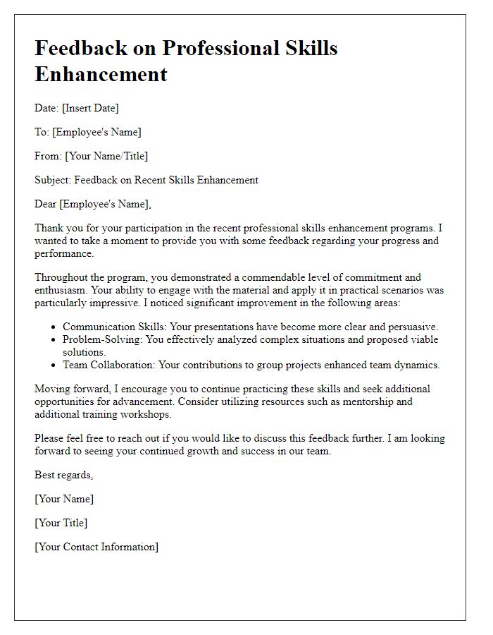 Letter template of professional skills enhancement feedback.