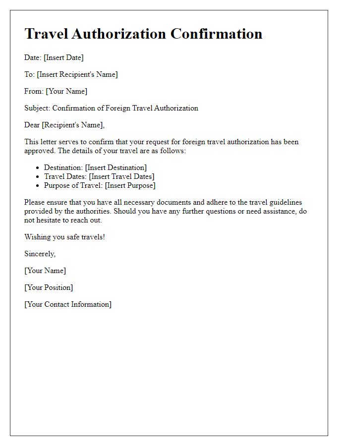 Letter template of confirmation for foreign travel authorization