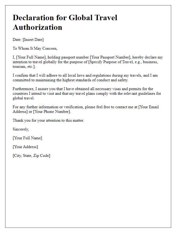 Letter template of declaration for global travel authorization