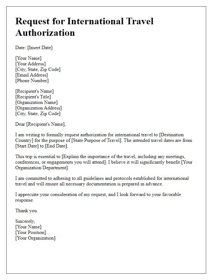 Letter template of request for international travel authorization