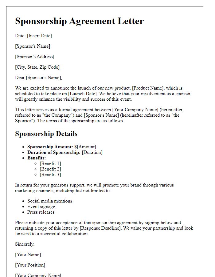 Letter template of sponsorship agreement for product launch