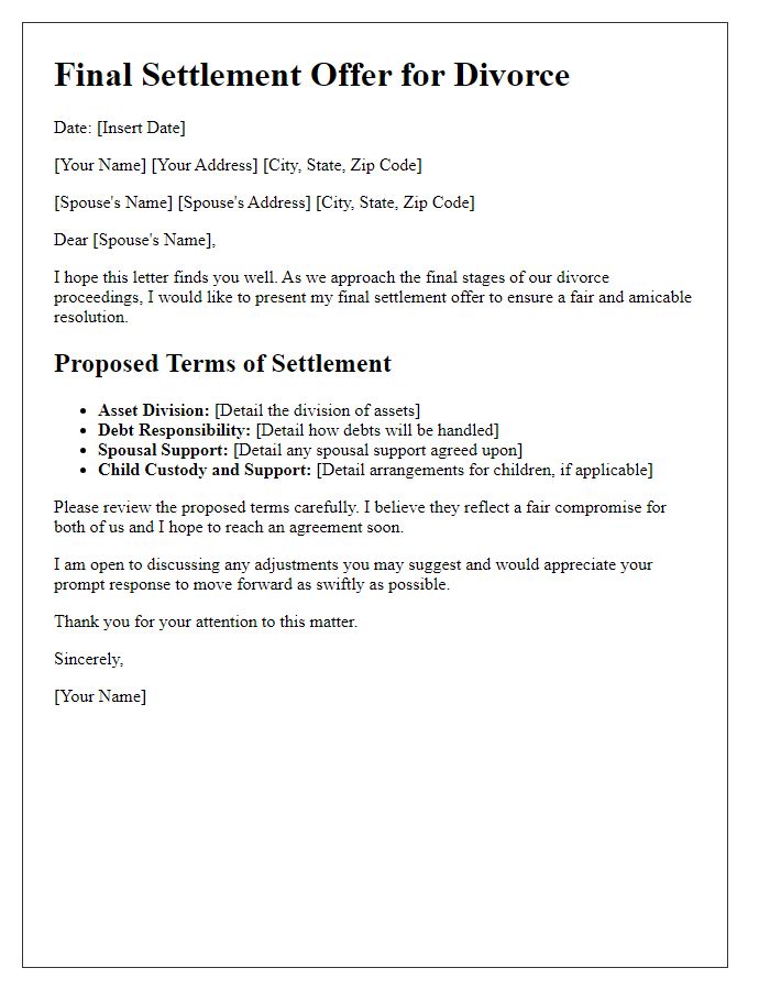 Letter template of divorce final settlement offer