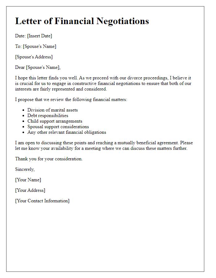 Letter template of divorce financial negotiations