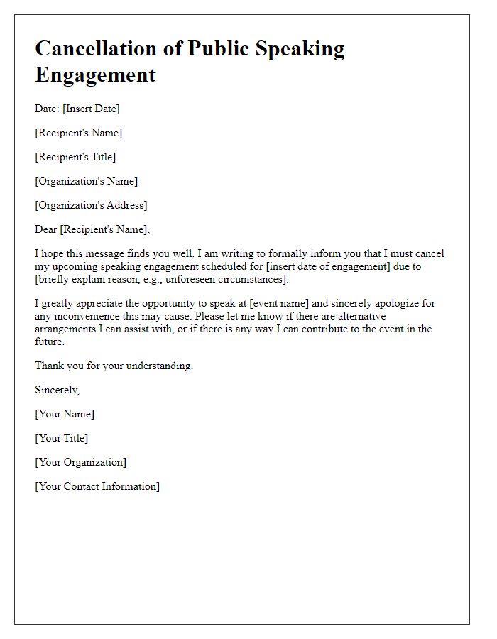 Letter template of cancellation for public speaking engagement